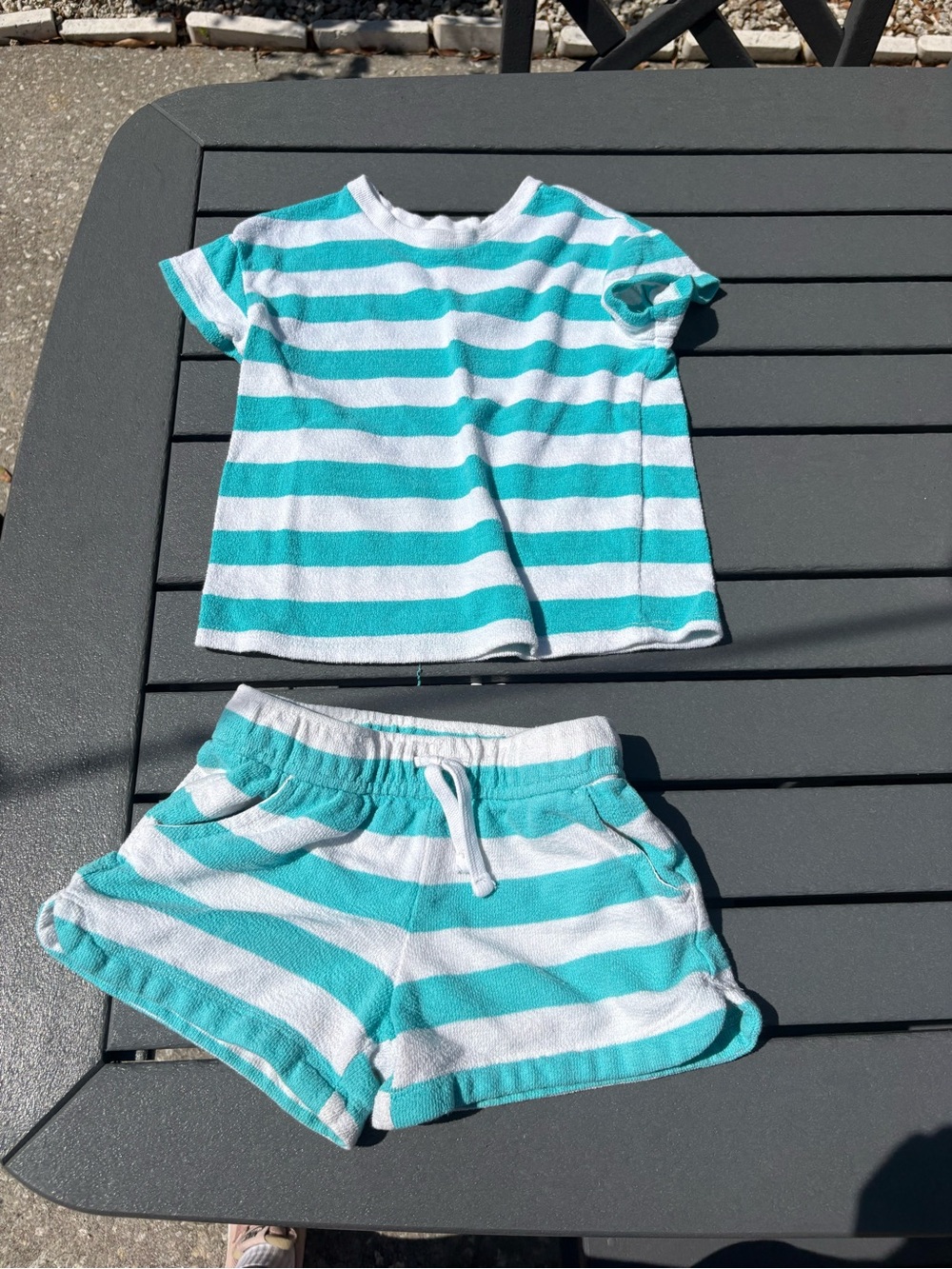Striped Turquoise & White Terry Towling Two-Piece Set size S/M